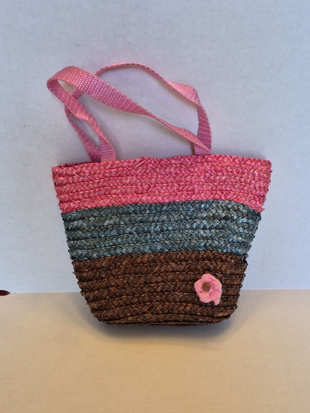 Woven Striped Tote Clutch Bag Pink Blue Brown Straw Summer Vacation Handbag